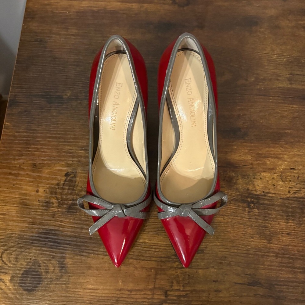 Enzo Angioloini Red Patent Leather Pointed Stiletto 3-inch Heel Gray‎ Bow (5.5) - Picture 6 of 12